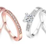 Two sets of engagement or wedding rings on a white background: one in rose gold and one in silver, each featuring a solitaire ring with a clear stone and a matching band with smaller accent stones.