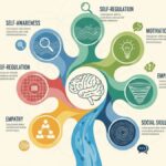 An infographic with the title Emotional Intelligence showing a flow chart of five interconnected circles representing its key components: self awareness self regulation motivation empathy and social skill