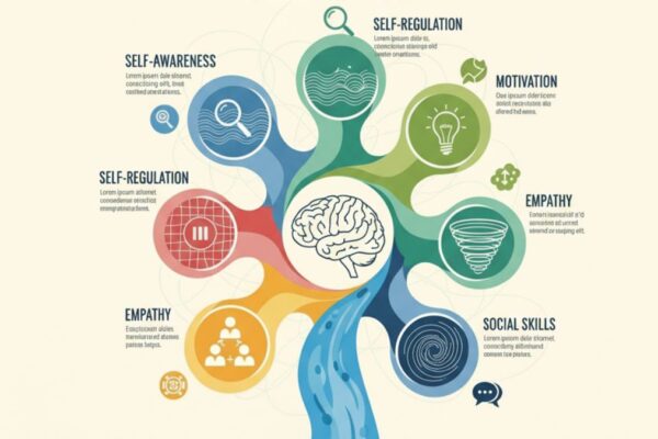 An infographic with the title Emotional Intelligence showing a flow chart of five interconnected circles representing its key components: self awareness self regulation motivation empathy and social skill