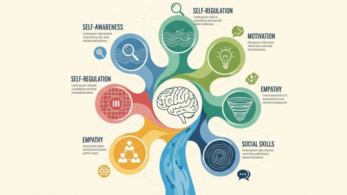 An infographic with the title Emotional Intelligence showing a flow chart of five interconnected circles representing its key components: self awareness self regulation motivation empathy and social skill